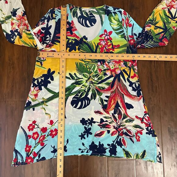 JOHN MARK Washable Silk Tunic Top Multicolor Floral Slit Sleeve Artsy - Picture 11 of 12
